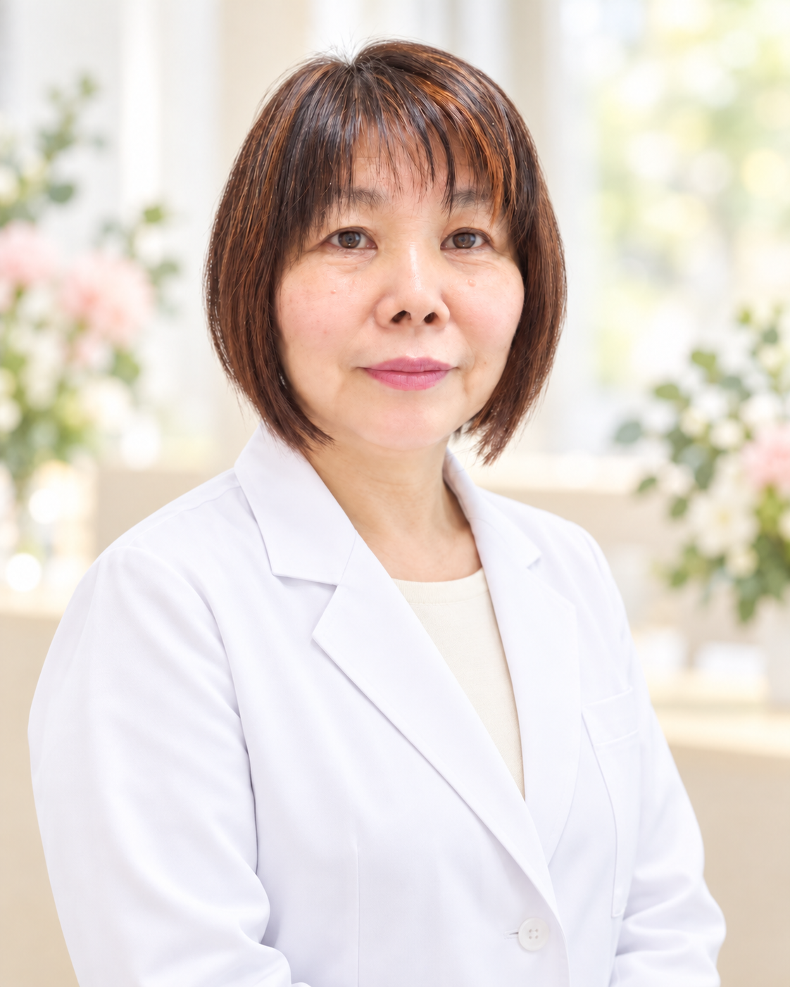 白衣姿のタッキー先生(滝村桂子)